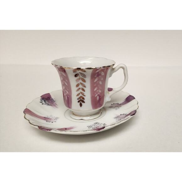 Vintage Early 19th Century White, Purple Gold Trim Teacups and Saucers - Picture 1 of 4